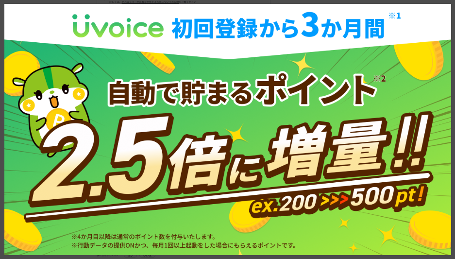 【Uvoice ユーボイス】初回登録から3ヶ月自動で貯まるポイント2.5倍